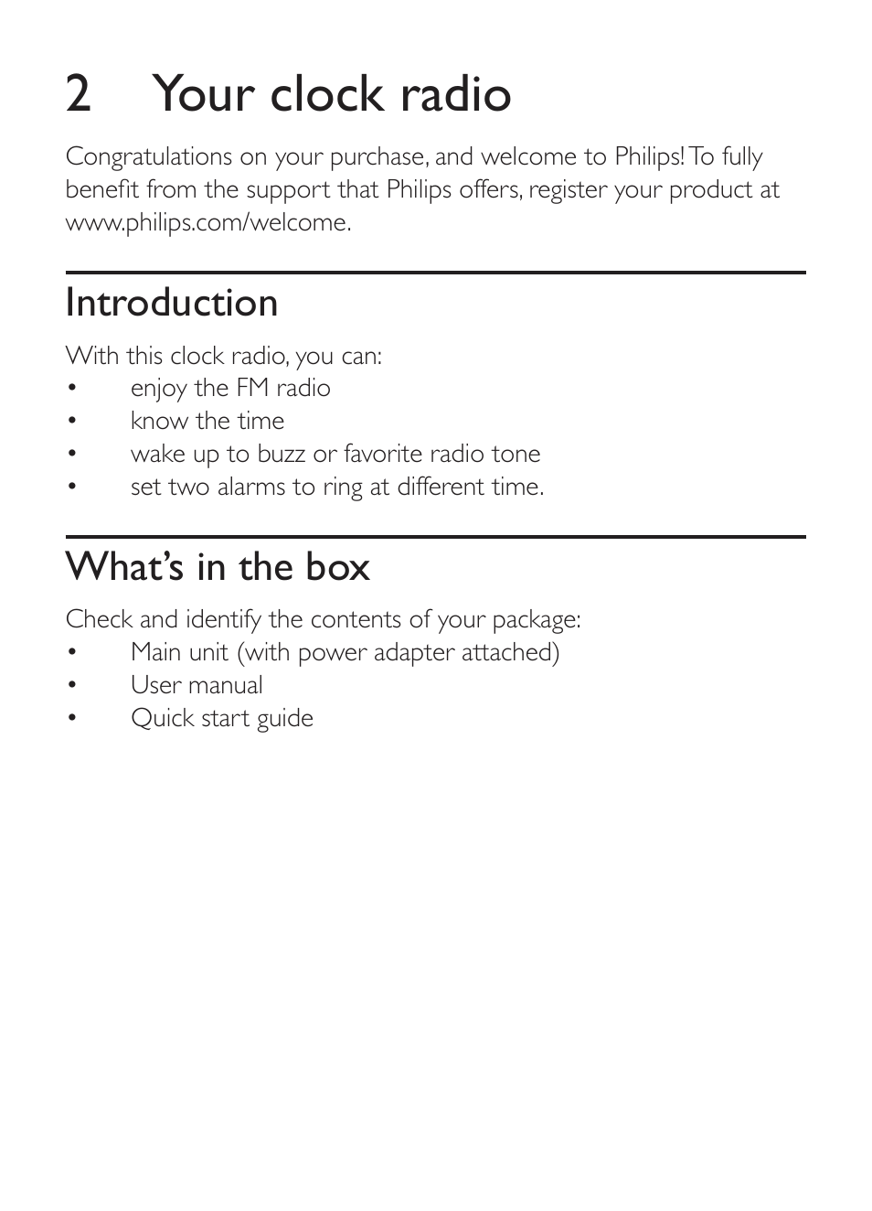 2 your clock radio, Introduction, What’s in the box | Philips CLOCK/TIMER AJ1000 User Manual | Page 5 / 16