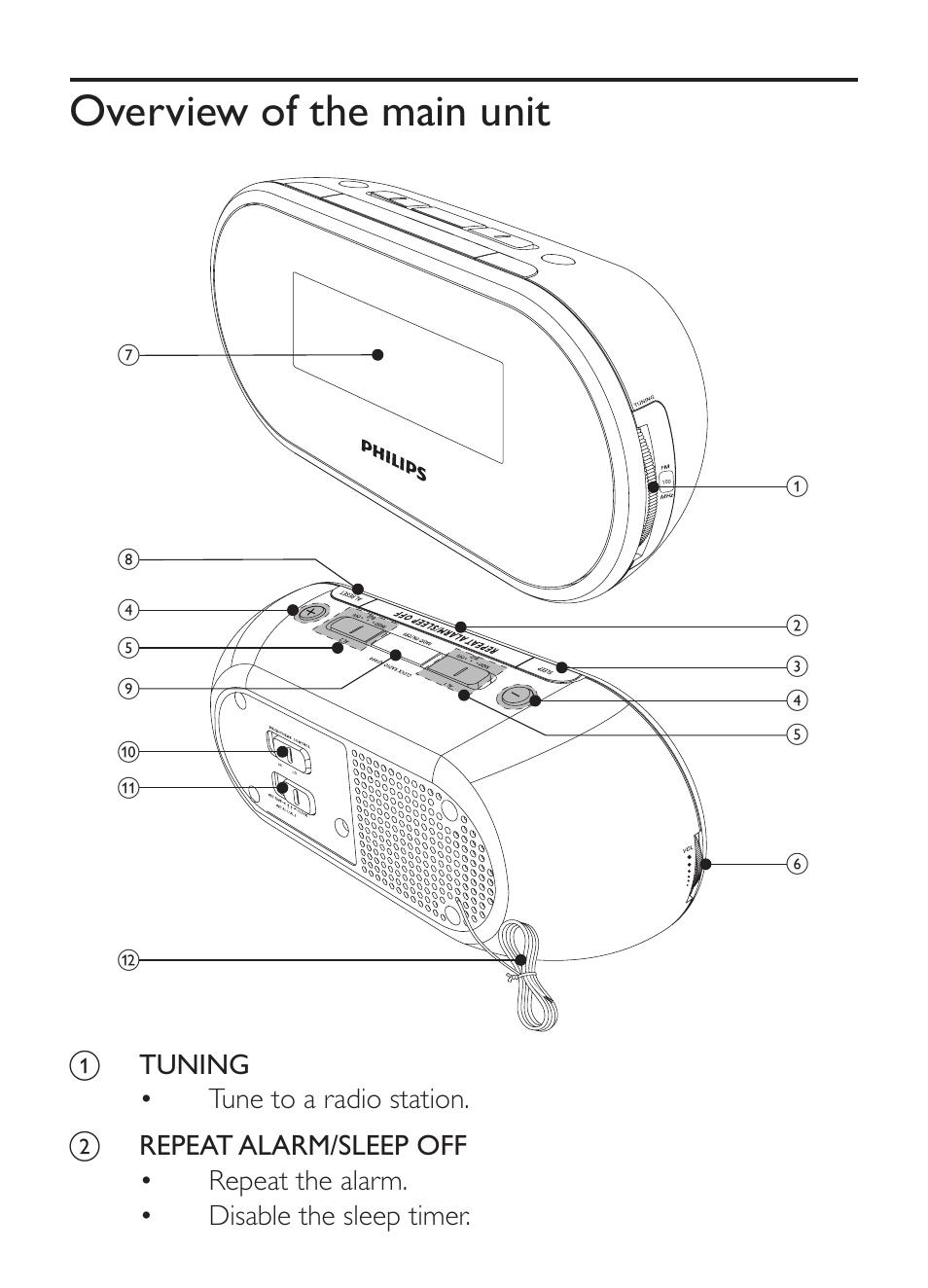 Overview of the main unit, Tuning • tune to a radio station | Philips CLOCK/TIMER AJ1000 User Manual | Page 6 / 16