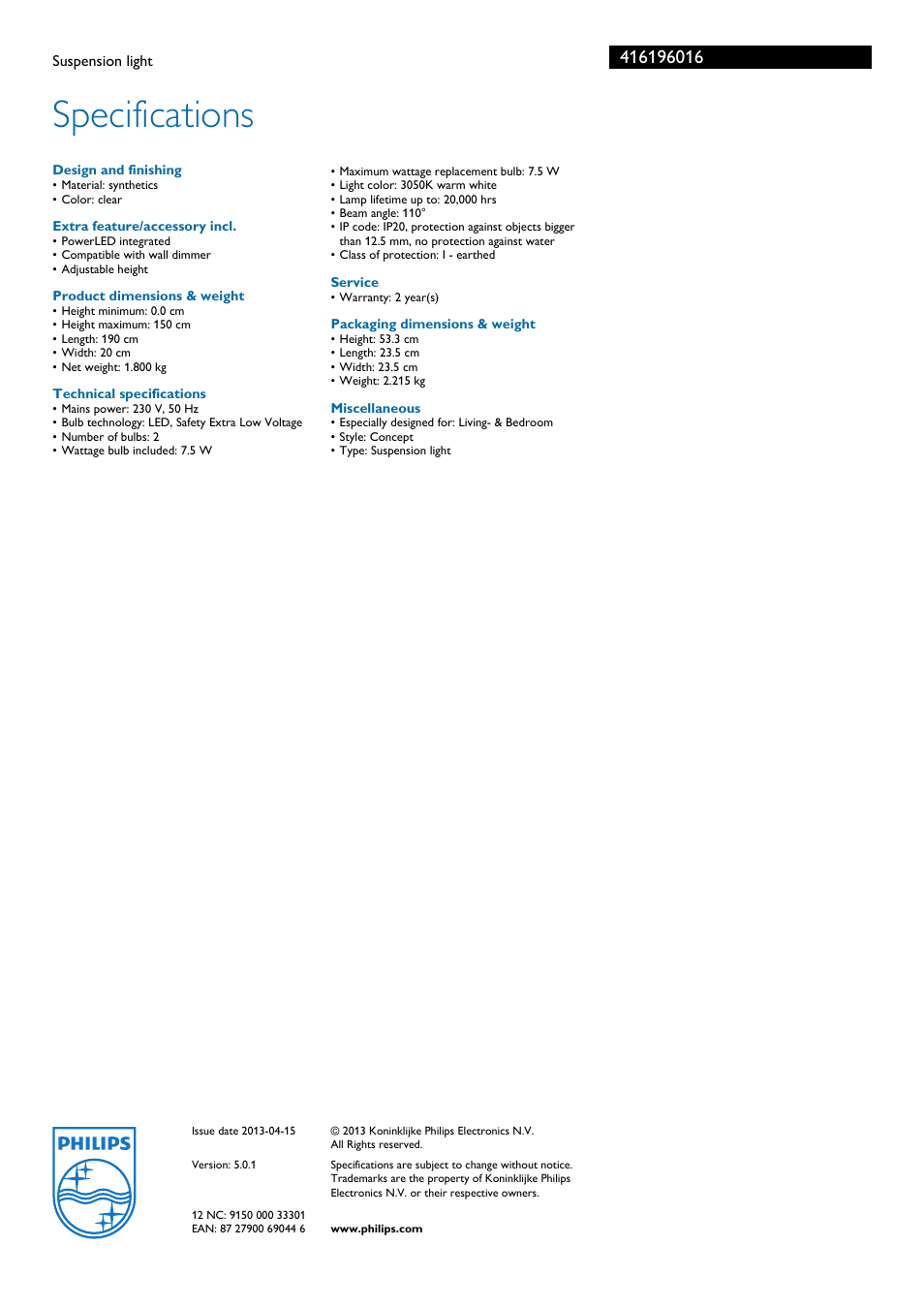 Specifications | Philips 41619/60/16 User Manual | Page 2 / 2