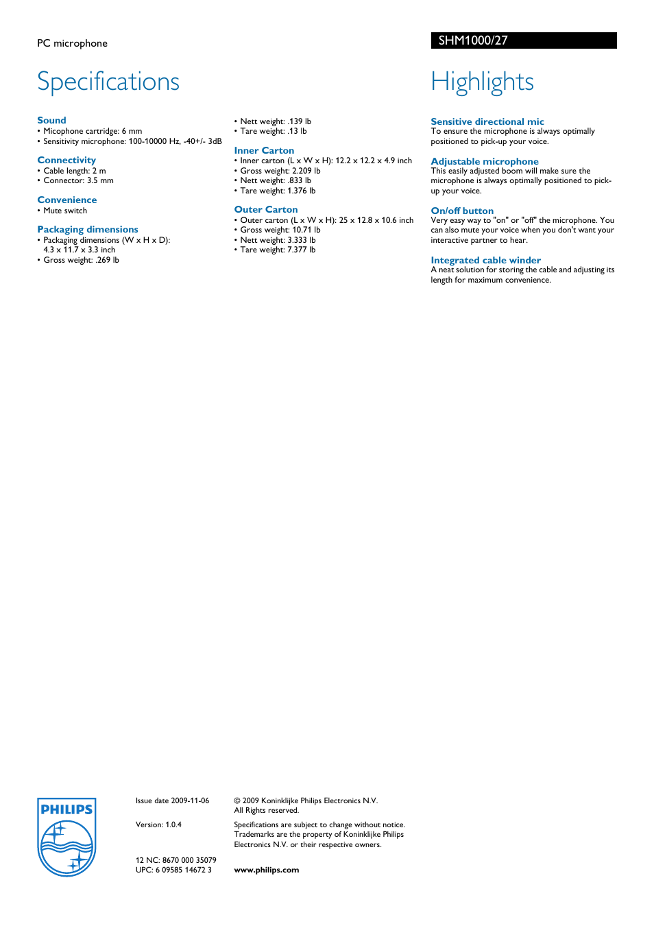 Specifications highlights, Philips | Philips SHM1000 User Manual | Page 2 / 2