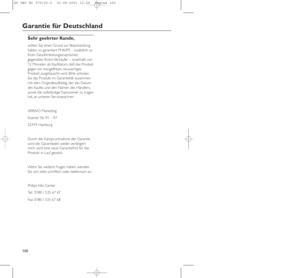 Garantie für deutschland | Philips HC 070 User Manual | Page 100 / 101