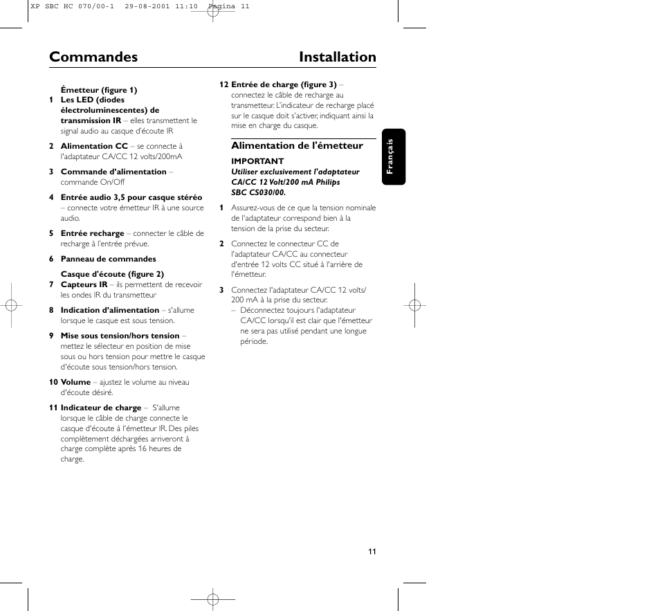 Commandes installation | Philips HC 070 User Manual | Page 11 / 101