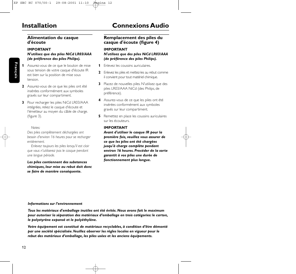 Installation connexions audio | Philips HC 070 User Manual | Page 12 / 101