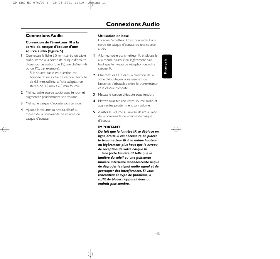 Connexions audio | Philips HC 070 User Manual | Page 13 / 101