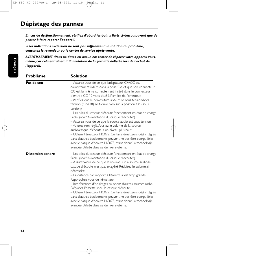 Dépistage des pannes | Philips HC 070 User Manual | Page 14 / 101