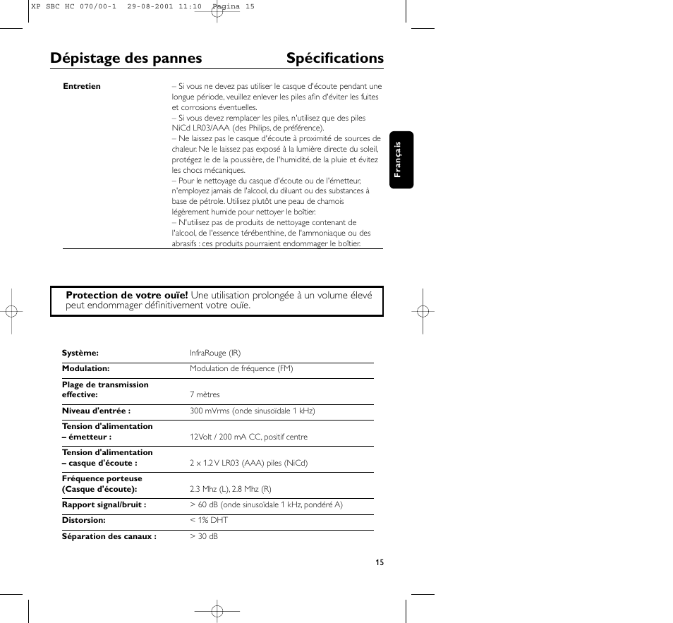 Dépistage des pannes spécifications | Philips HC 070 User Manual | Page 15 / 101