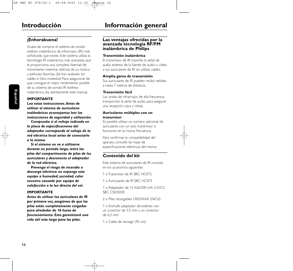 Introducción información general | Philips HC 070 User Manual | Page 16 / 101