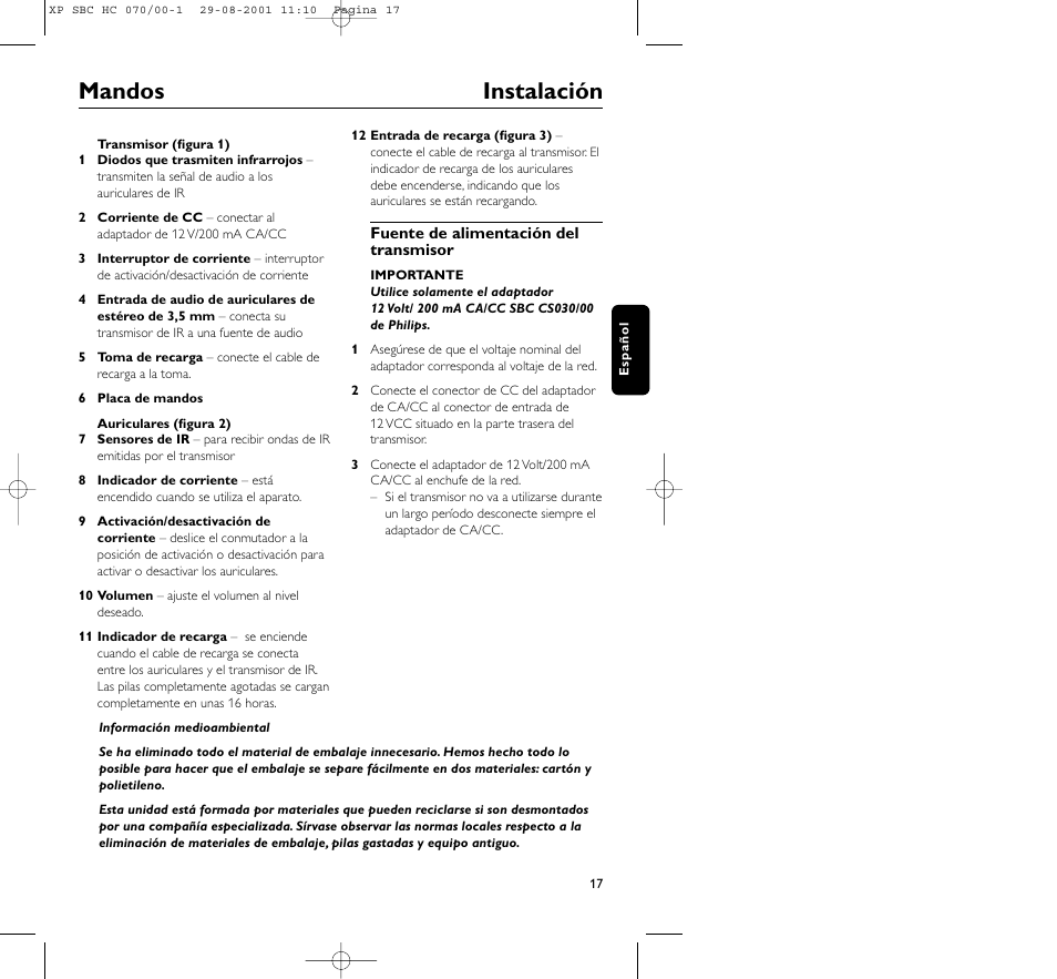 Mandos instalación | Philips HC 070 User Manual | Page 17 / 101