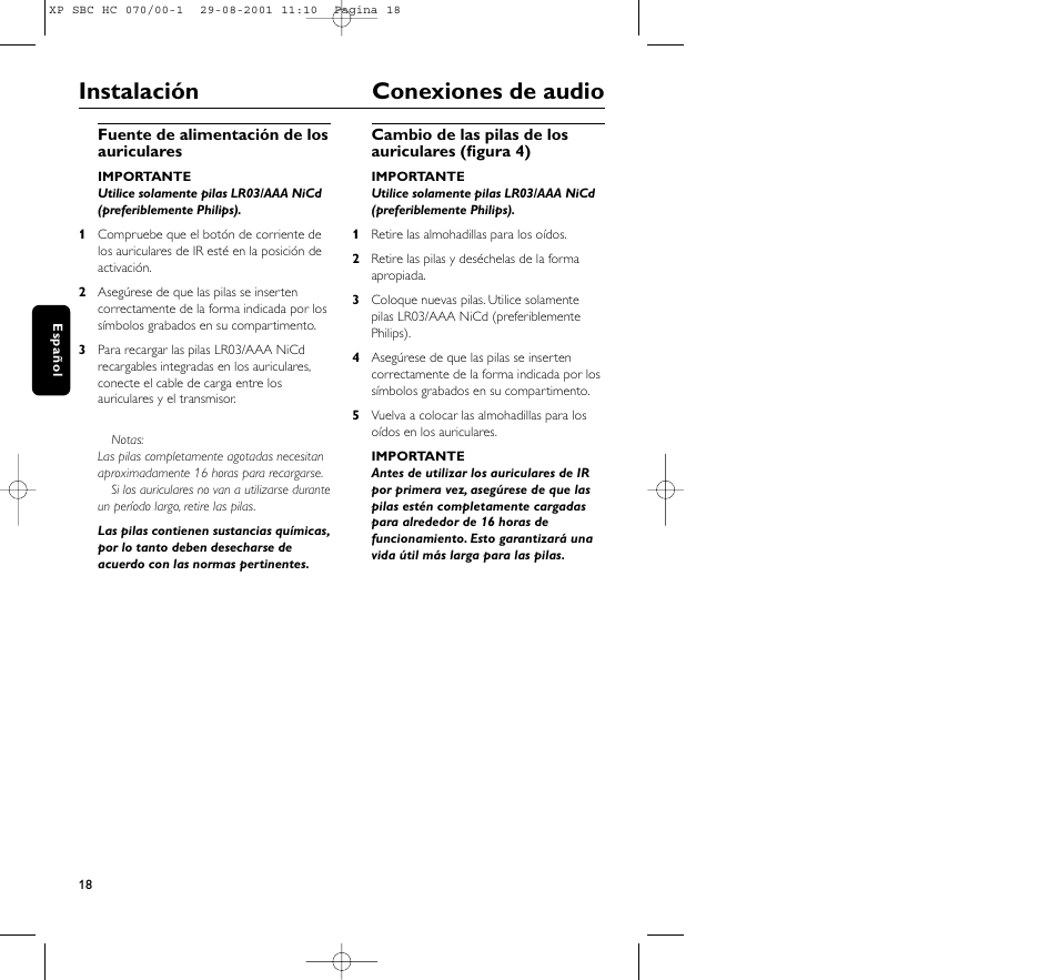 Instalación conexiones de audio | Philips HC 070 User Manual | Page 18 / 101