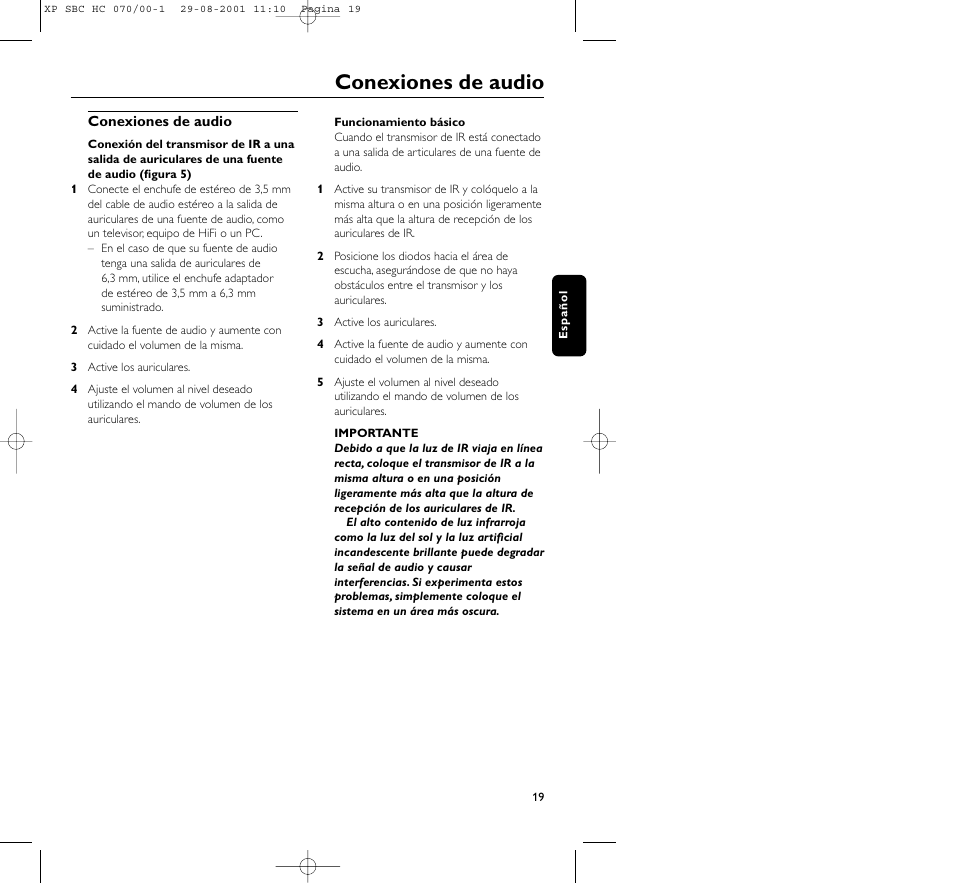 Conexiones de audio | Philips HC 070 User Manual | Page 19 / 101