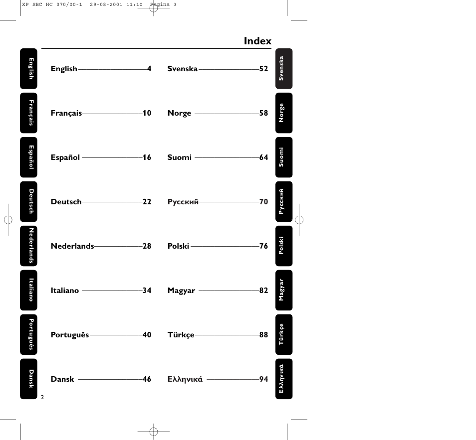 Index | Philips HC 070 User Manual | Page 2 / 101