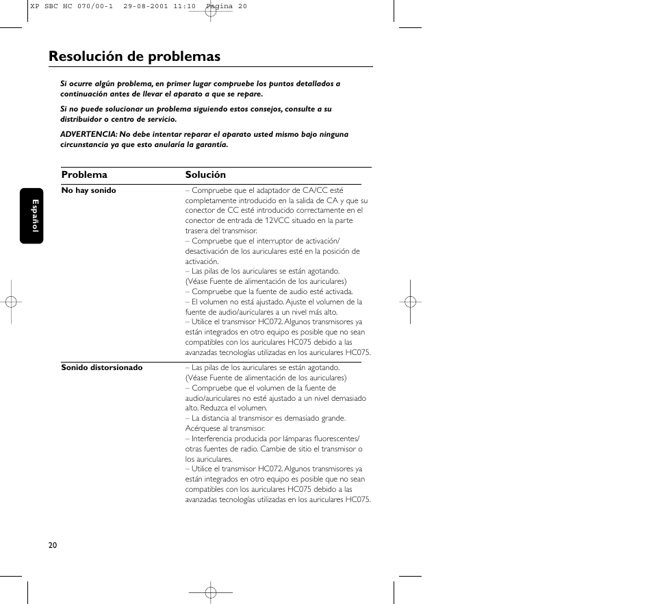 Resolución de problemas | Philips HC 070 User Manual | Page 20 / 101
