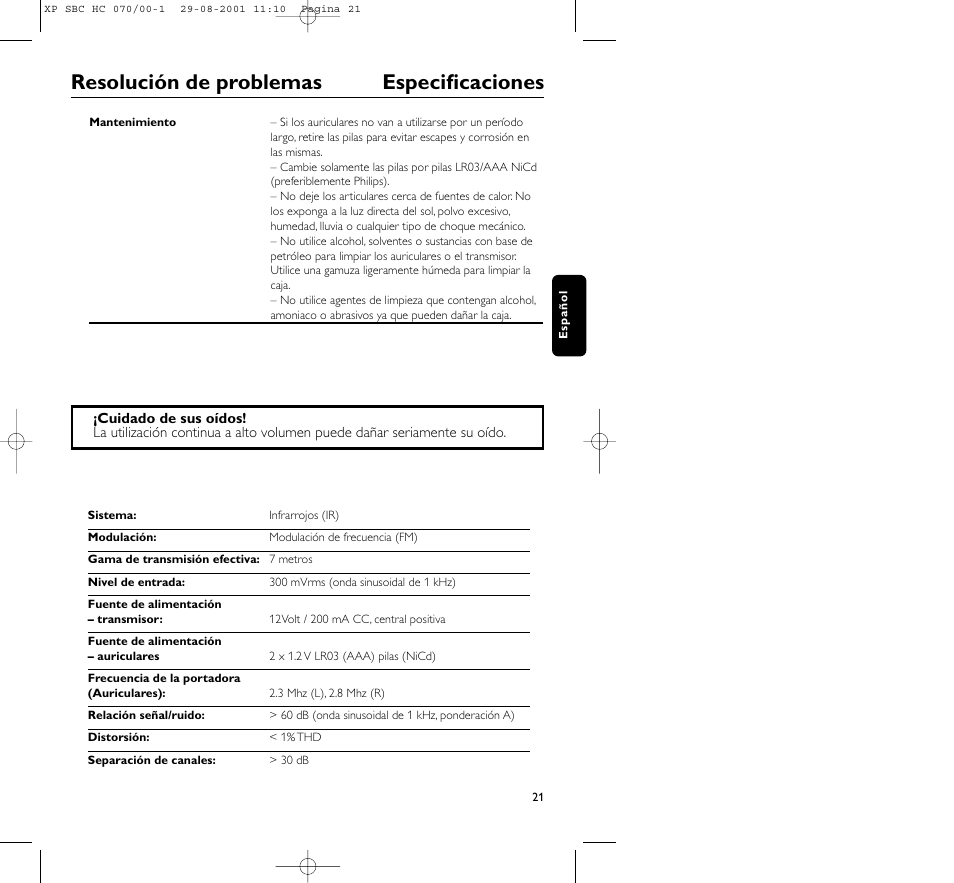 Resolución de problemas especificaciones | Philips HC 070 User Manual | Page 21 / 101