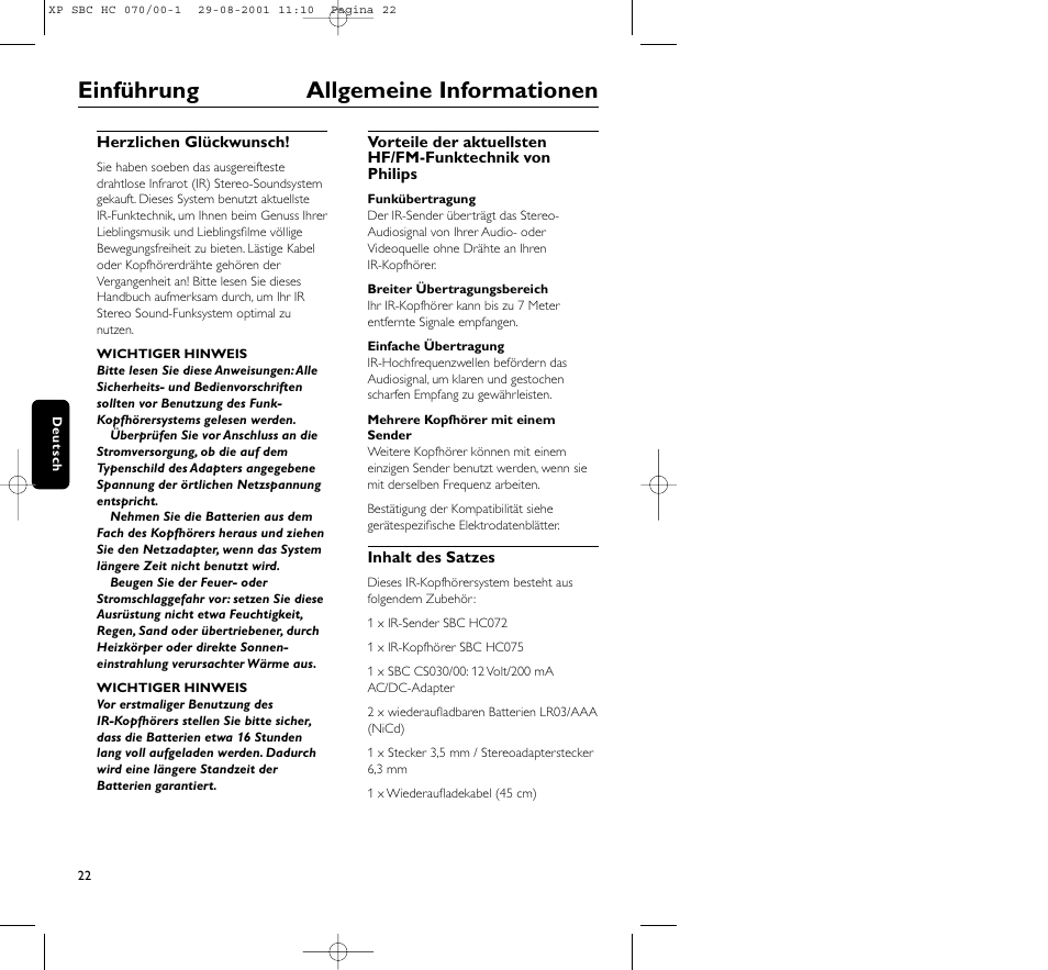 Einführung allgemeine informationen | Philips HC 070 User Manual | Page 22 / 101