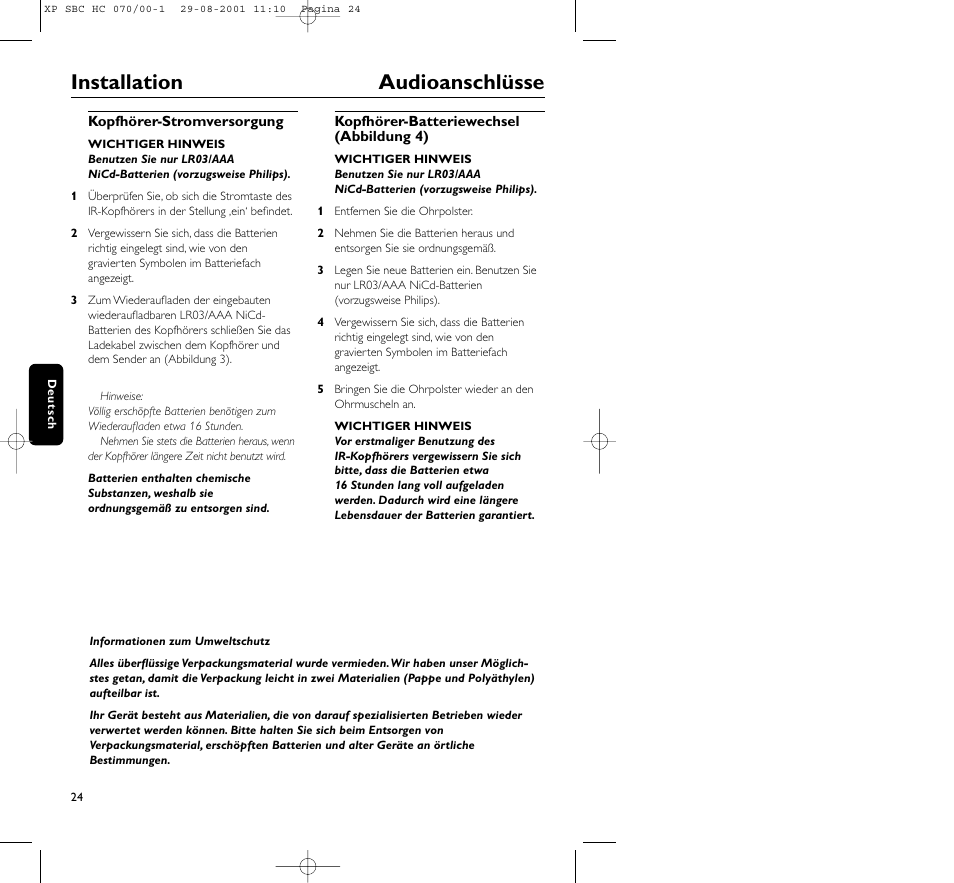 Installation audioanschlüsse | Philips HC 070 User Manual | Page 24 / 101