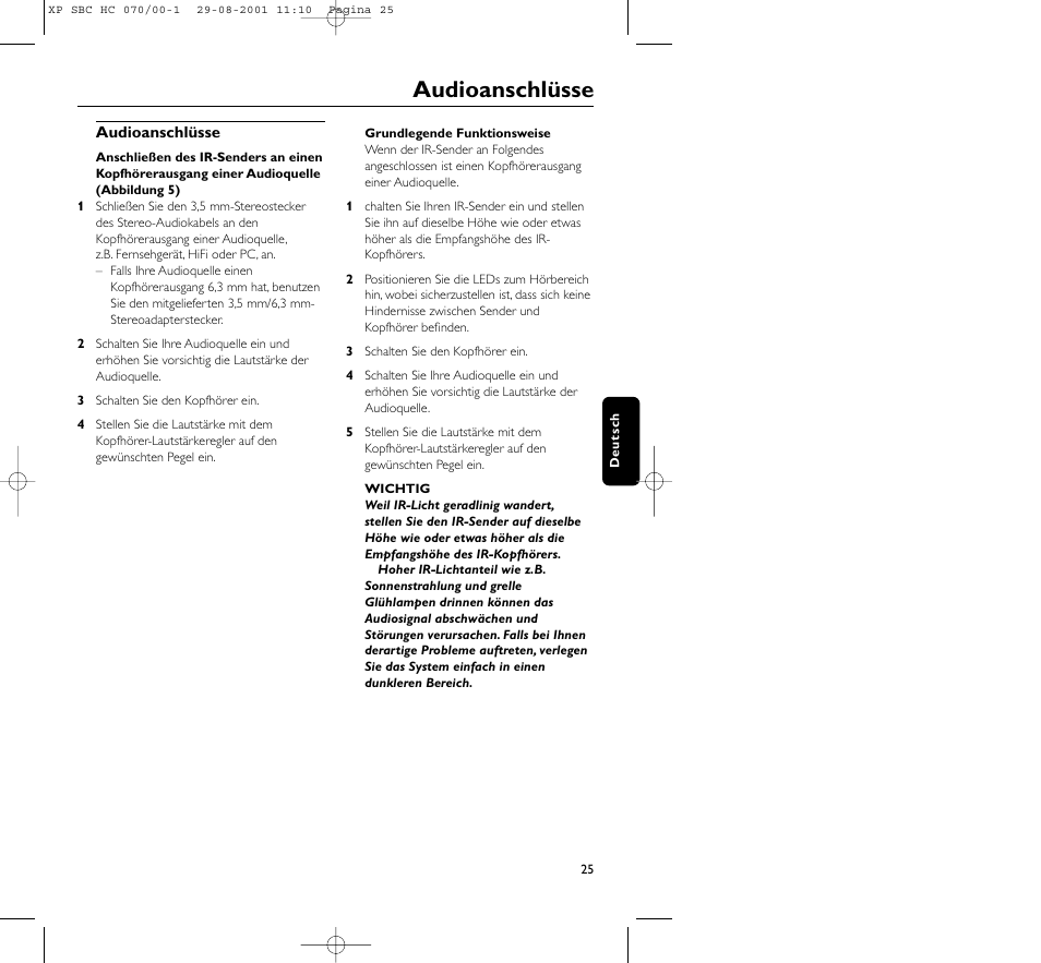 Audioanschlüsse | Philips HC 070 User Manual | Page 25 / 101