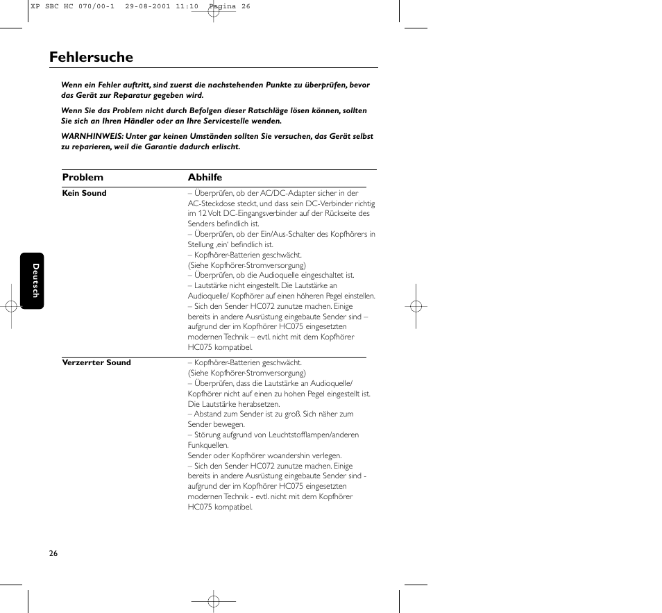 Fehlersuche | Philips HC 070 User Manual | Page 26 / 101
