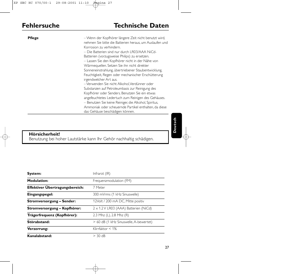 Fehlersuche technische daten | Philips HC 070 User Manual | Page 27 / 101