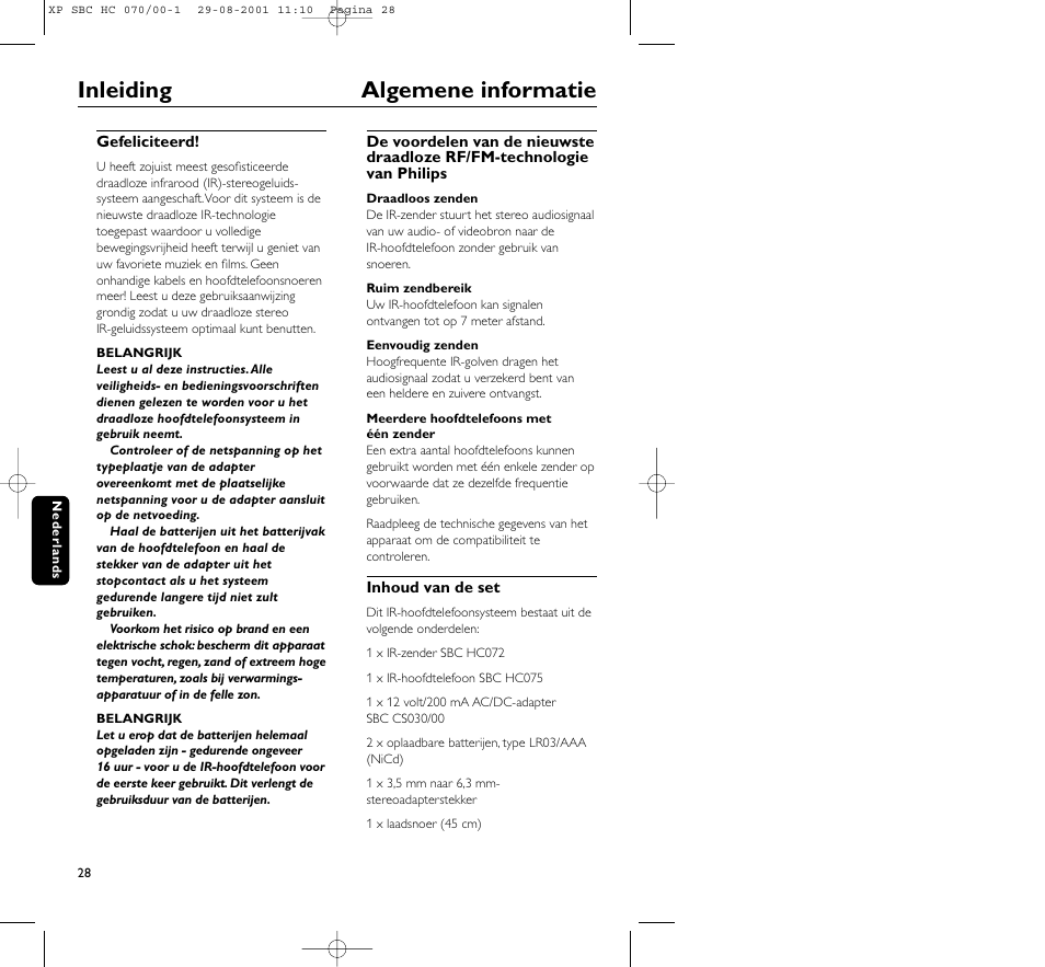 Inleiding algemene informatie | Philips HC 070 User Manual | Page 28 / 101