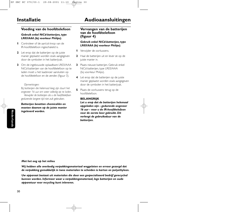 Installatie audioaansluitingen | Philips HC 070 User Manual | Page 30 / 101