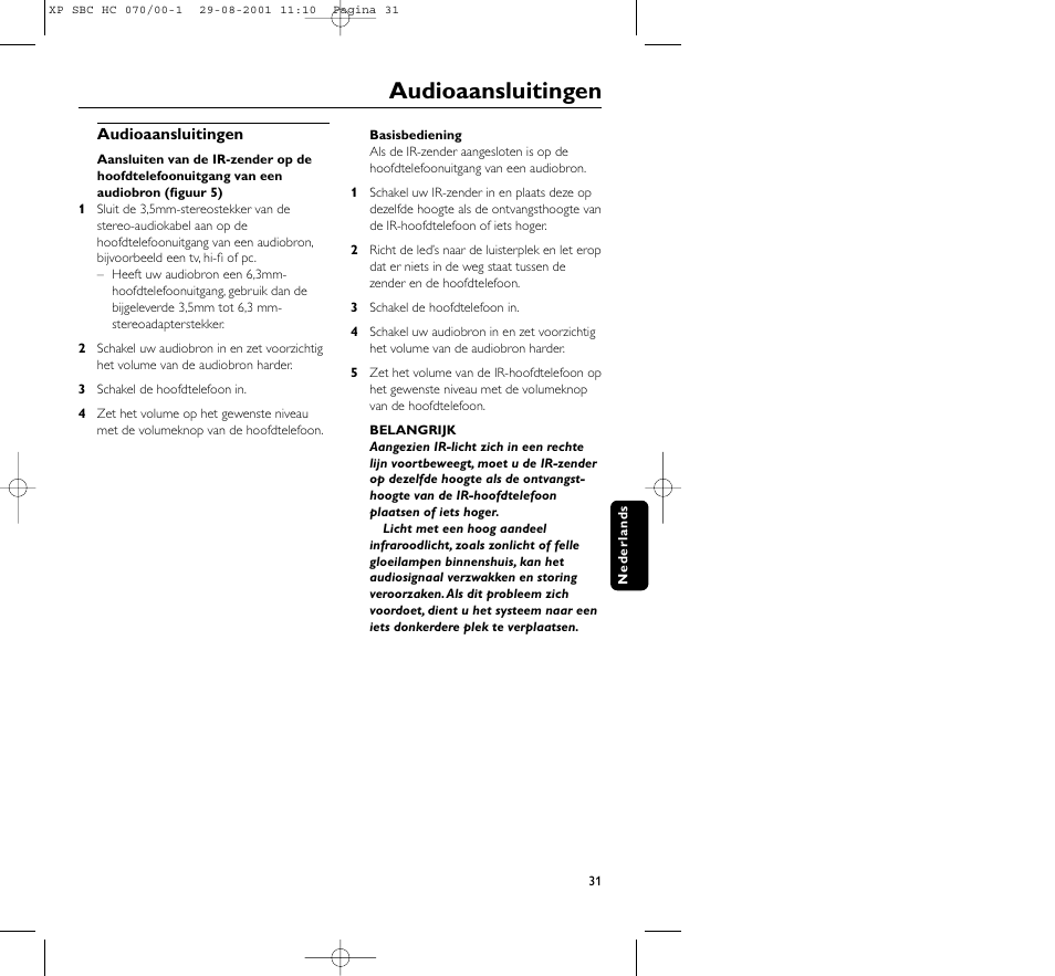Audioaansluitingen | Philips HC 070 User Manual | Page 31 / 101