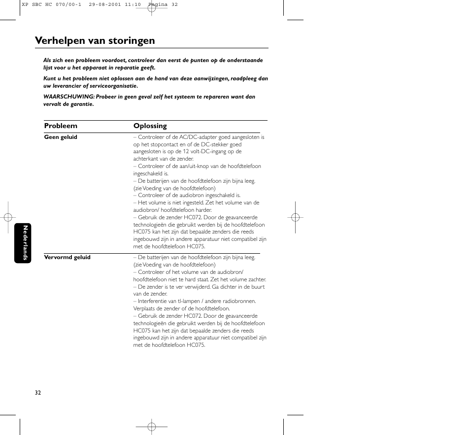 Verhelpen van storingen | Philips HC 070 User Manual | Page 32 / 101