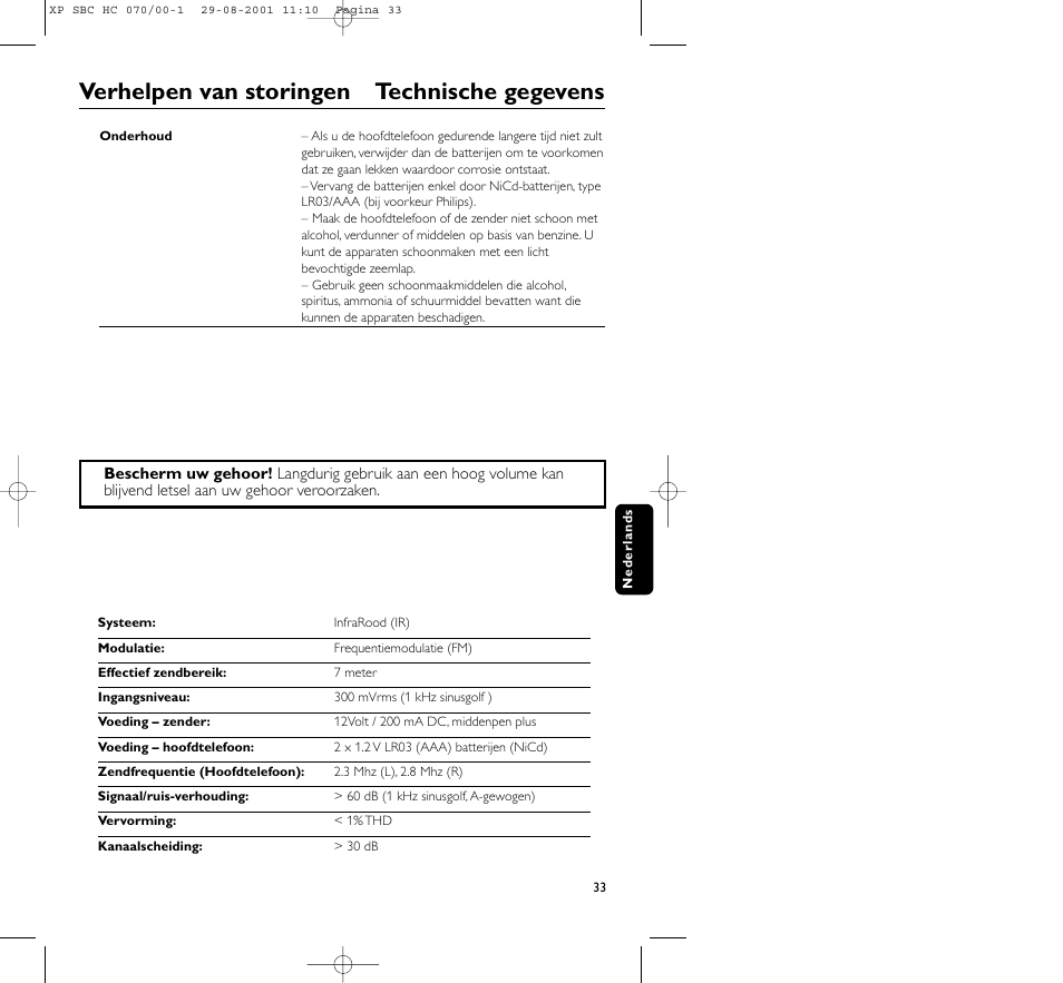 Verhelpen van storingen technische gegevens | Philips HC 070 User Manual | Page 33 / 101