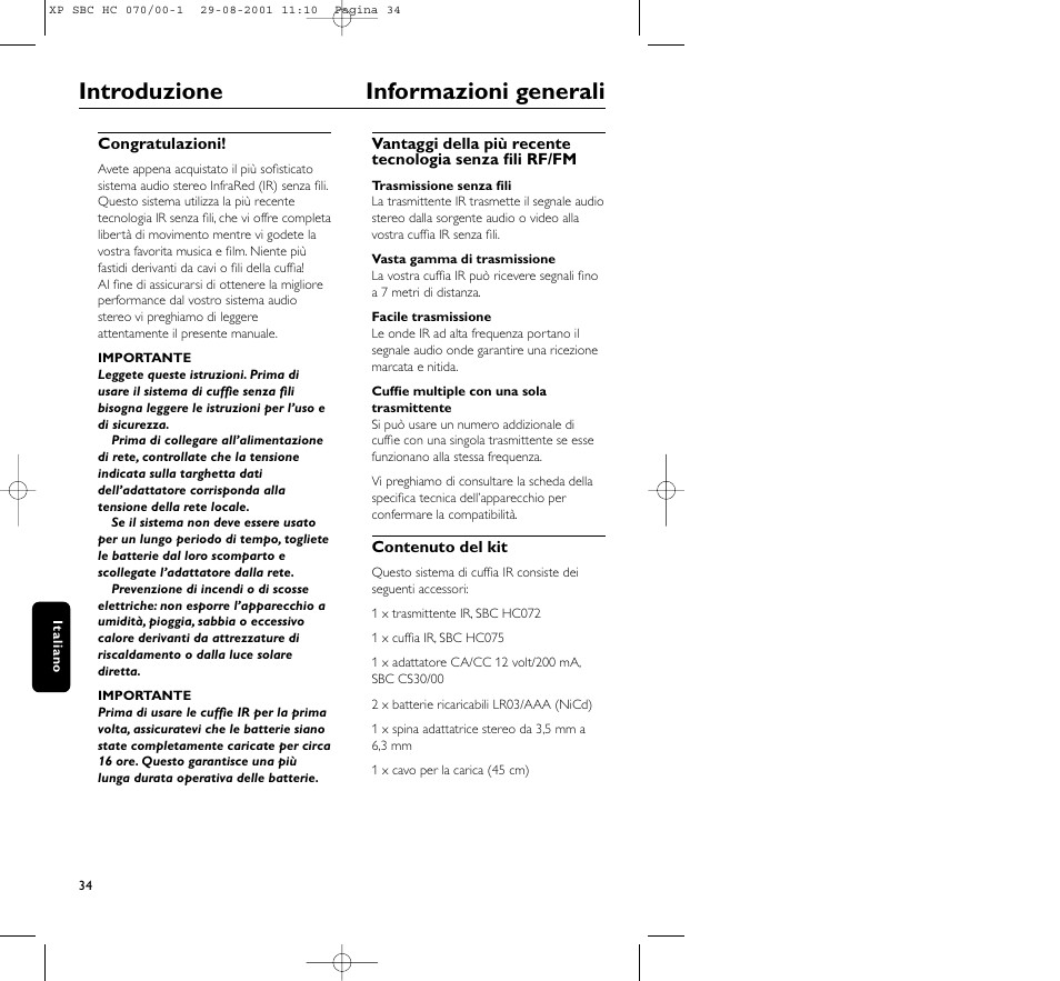 Introduzione informazioni generali | Philips HC 070 User Manual | Page 34 / 101