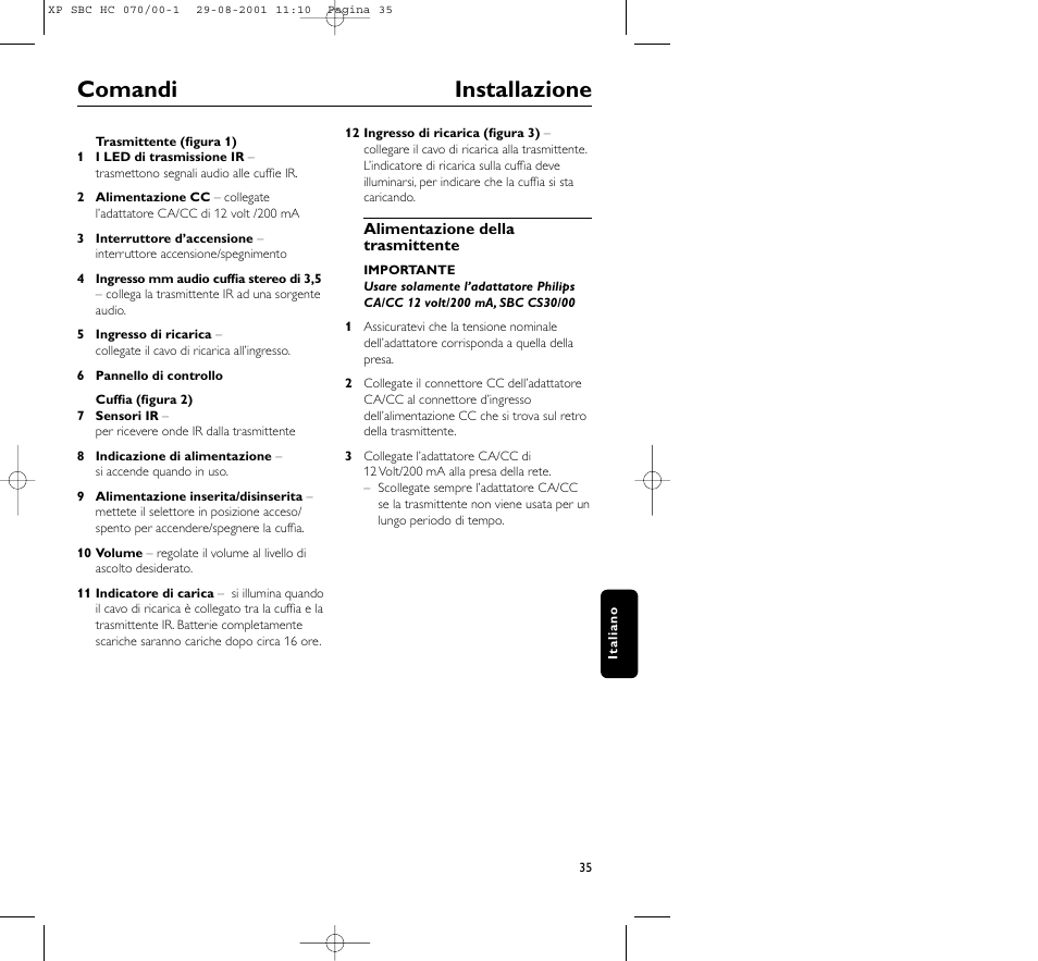 Comandi installazione | Philips HC 070 User Manual | Page 35 / 101