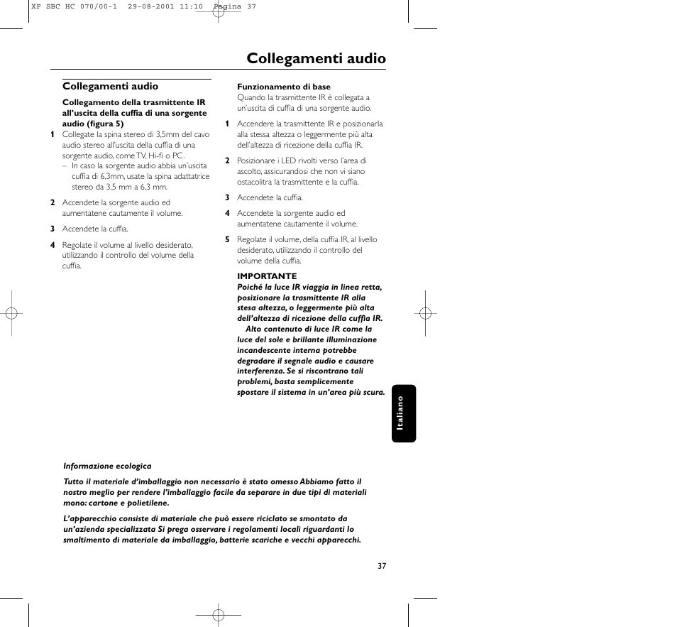Collegamenti audio | Philips HC 070 User Manual | Page 37 / 101