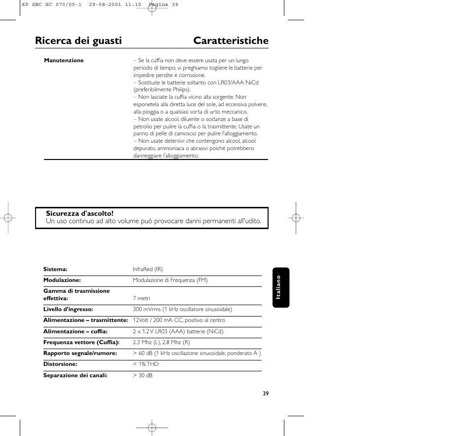 Ricerca dei guasti caratteristiche | Philips HC 070 User Manual | Page 39 / 101