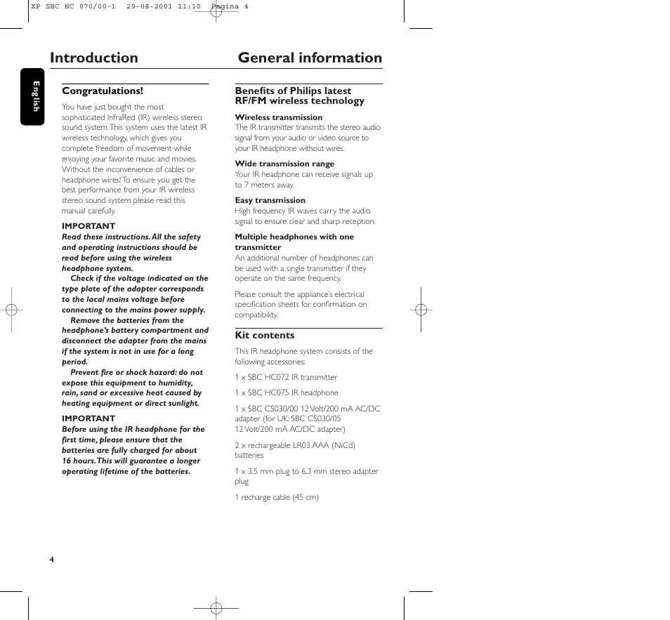 Introduction general information | Philips HC 070 User Manual | Page 4 / 101