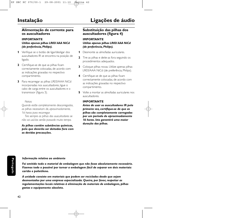 Instalação ligações de áudio | Philips HC 070 User Manual | Page 42 / 101