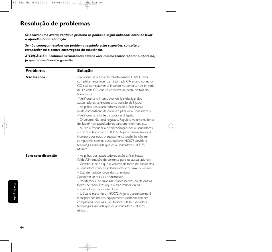 Resolução de problemas | Philips HC 070 User Manual | Page 44 / 101