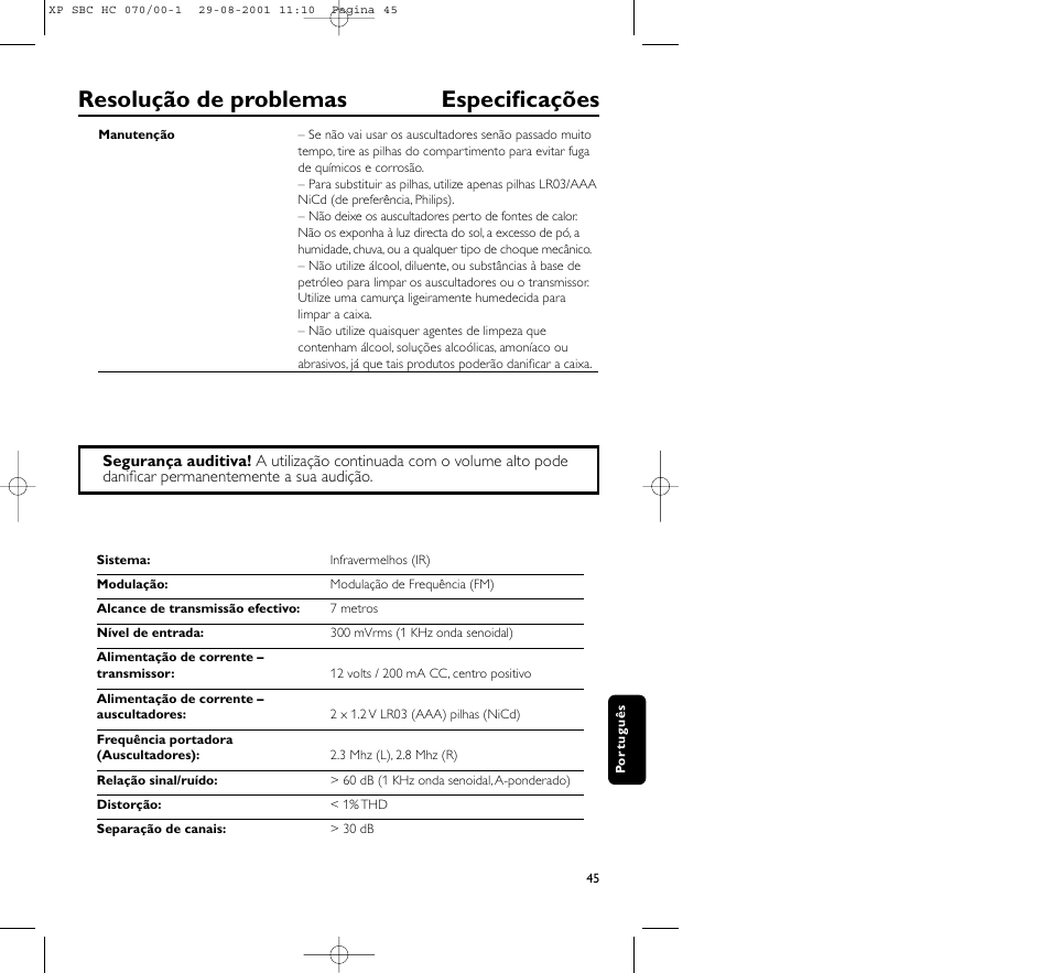 Resolução de problemas especificações | Philips HC 070 User Manual | Page 45 / 101