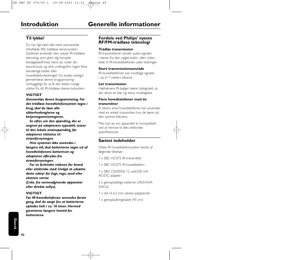 Introduktion generelle informationer | Philips HC 070 User Manual | Page 46 / 101