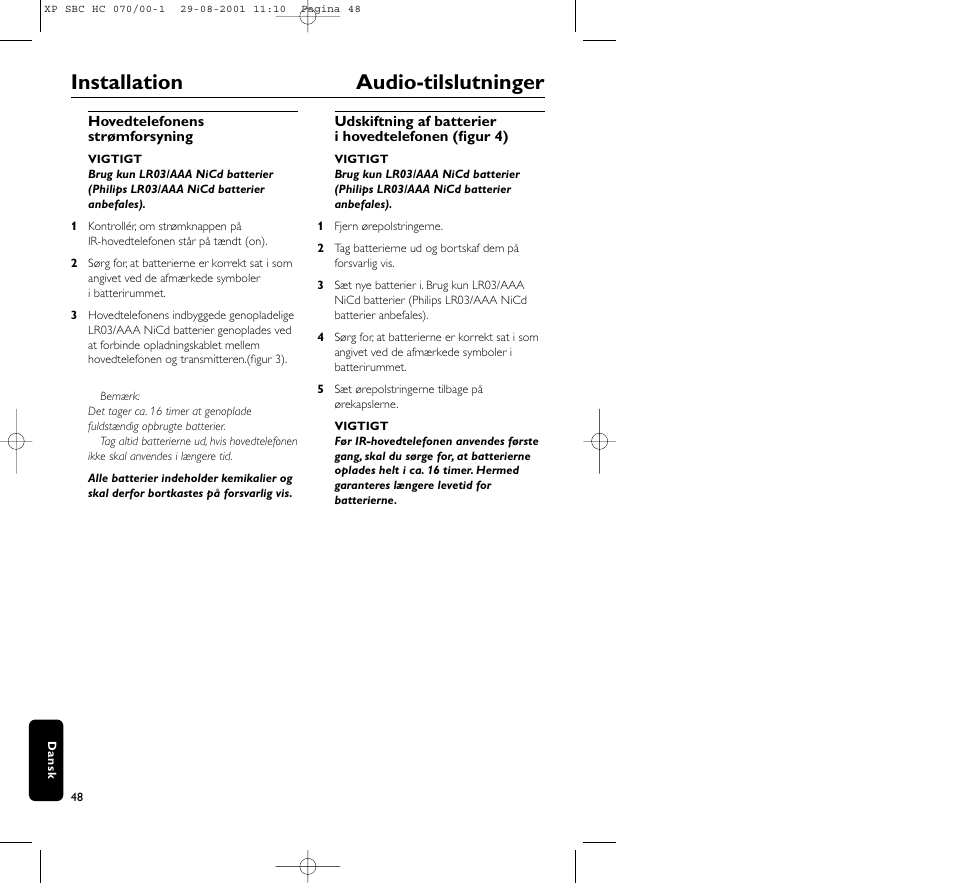 Installation audio-tilslutninger | Philips HC 070 User Manual | Page 48 / 101