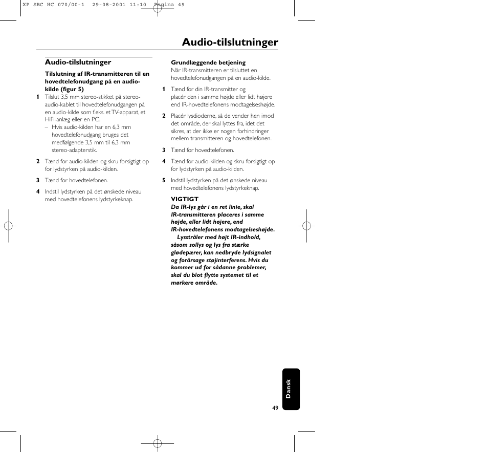 Audio-tilslutninger | Philips HC 070 User Manual | Page 49 / 101