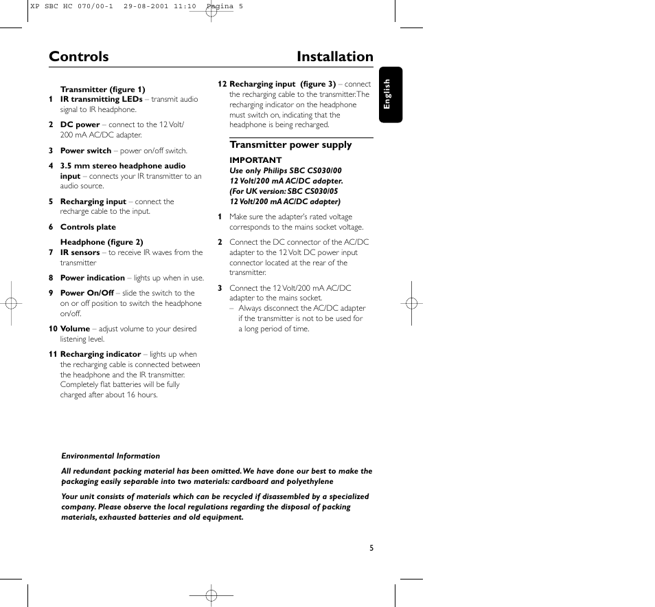 Controls installation | Philips HC 070 User Manual | Page 5 / 101