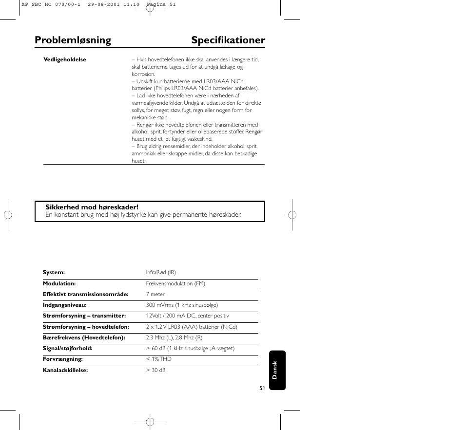Problemløsning specifikationer | Philips HC 070 User Manual | Page 51 / 101