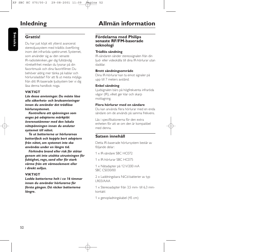 Inledning allmän information | Philips HC 070 User Manual | Page 52 / 101