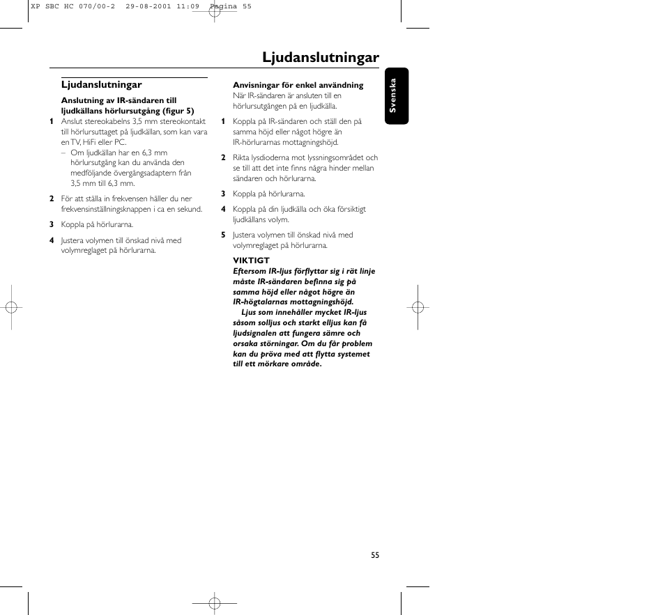 Ljudanslutningar | Philips HC 070 User Manual | Page 55 / 101