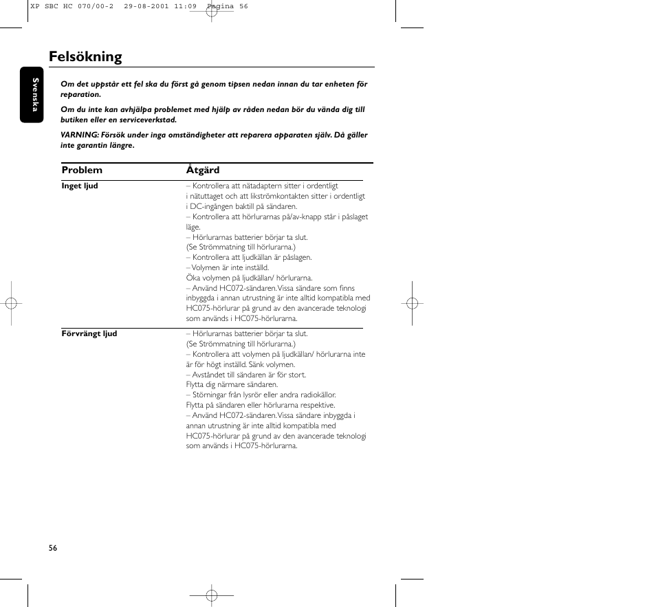 Felsökning | Philips HC 070 User Manual | Page 56 / 101