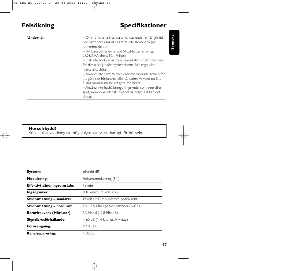 Felsökning specifikationer | Philips HC 070 User Manual | Page 57 / 101