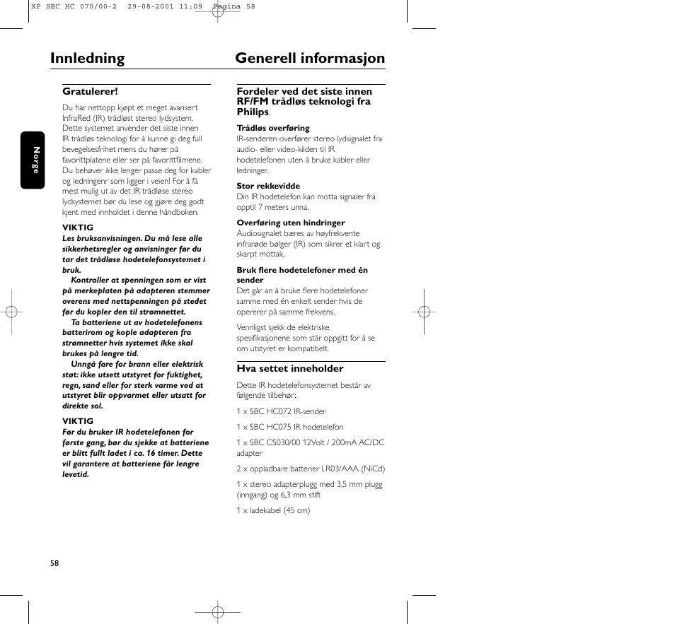 Innledning generell informasjon | Philips HC 070 User Manual | Page 58 / 101