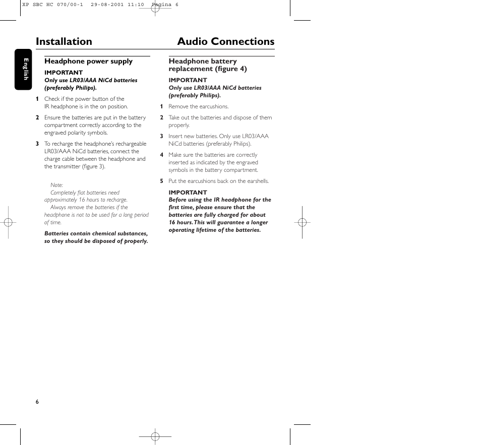 Installation audio connections | Philips HC 070 User Manual | Page 6 / 101