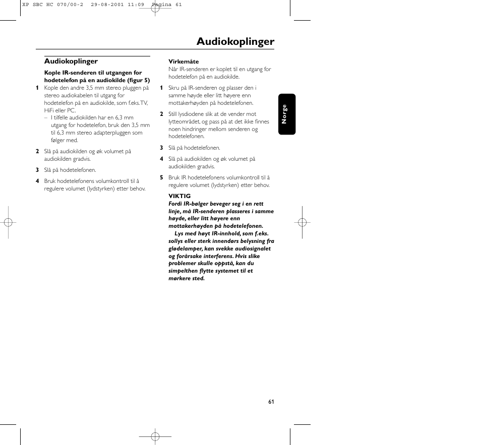 Audiokoplinger | Philips HC 070 User Manual | Page 61 / 101