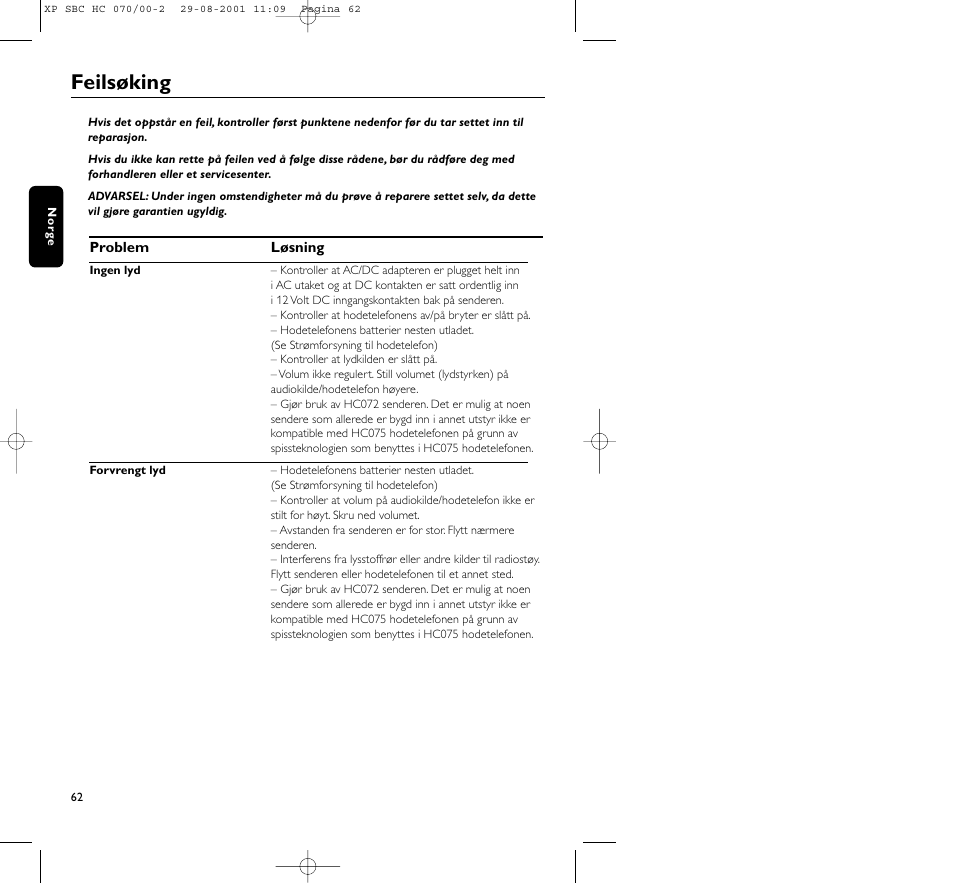 Feilsøking | Philips HC 070 User Manual | Page 62 / 101