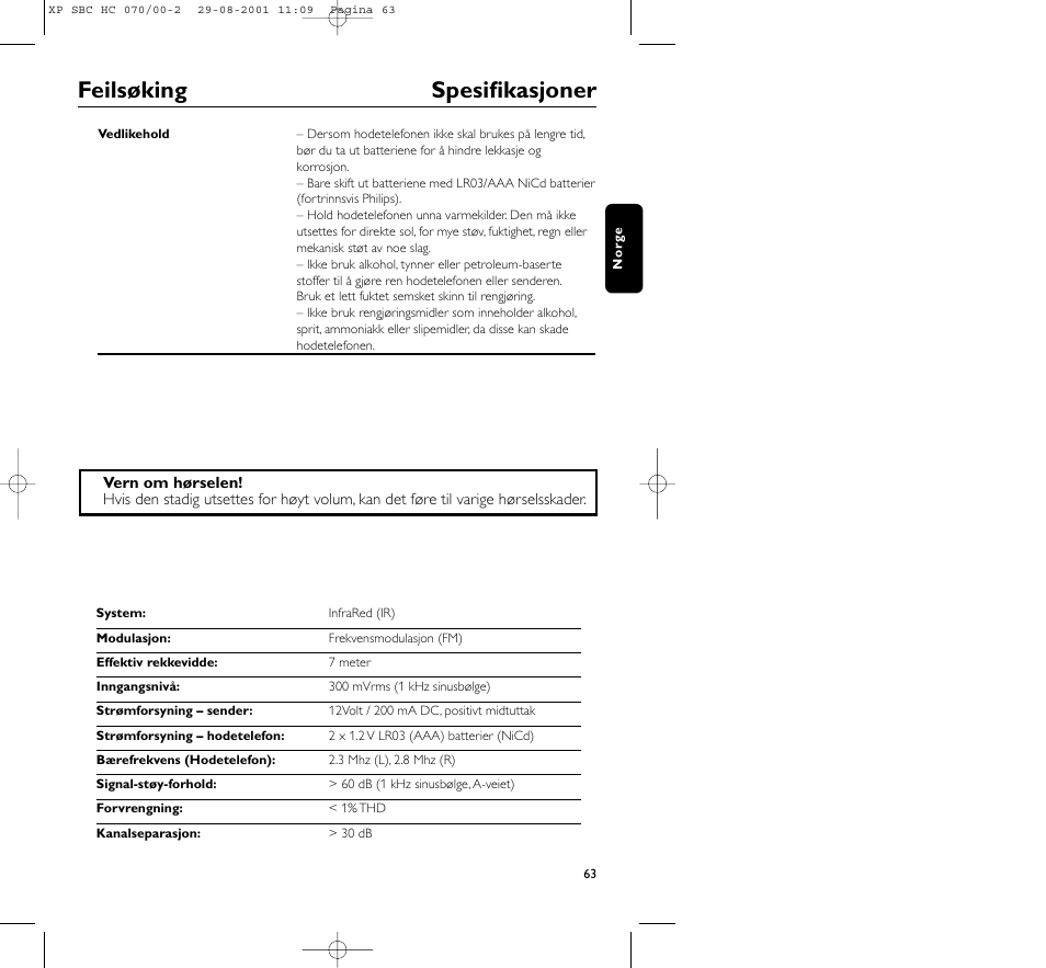 Feilsøking spesifikasjoner | Philips HC 070 User Manual | Page 63 / 101