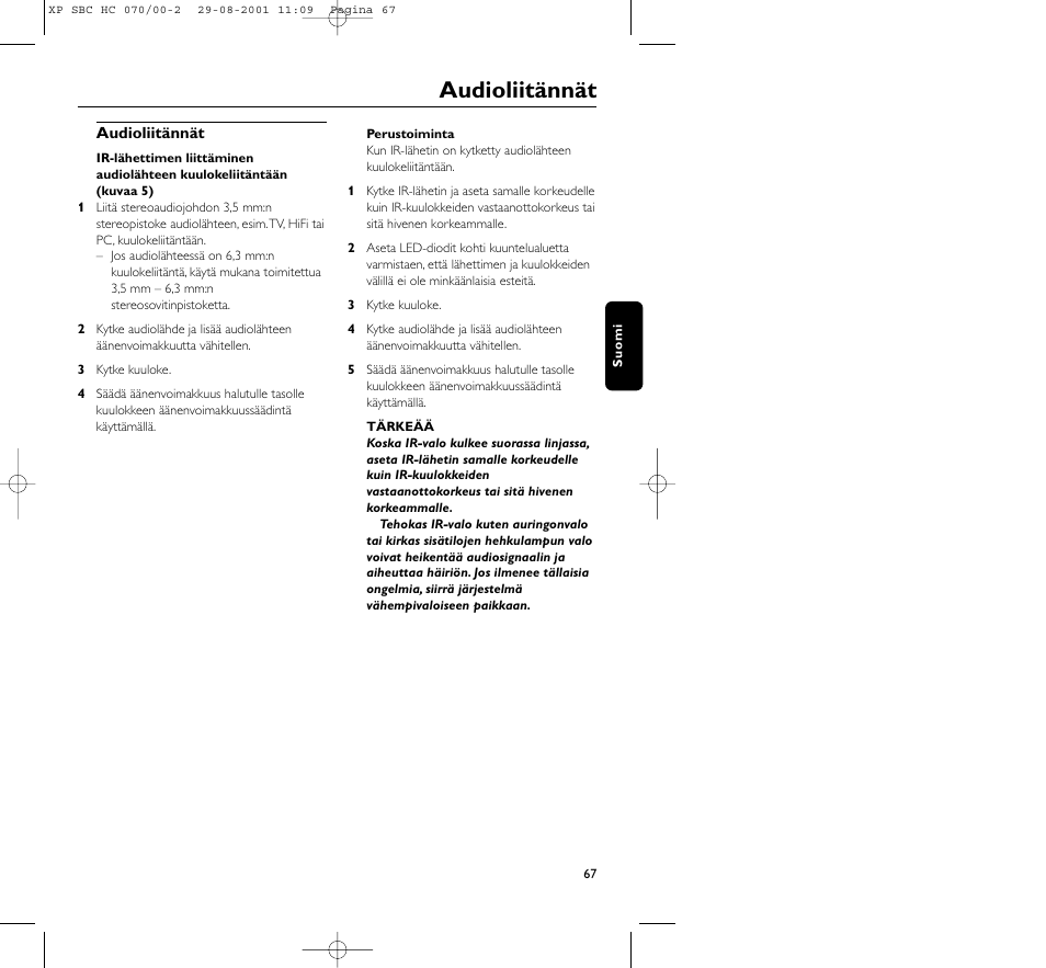 Audioliitännät | Philips HC 070 User Manual | Page 67 / 101